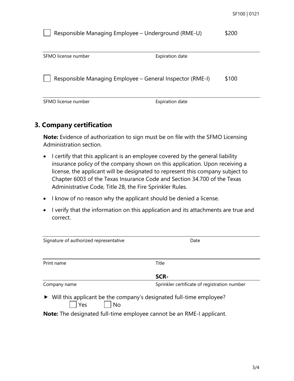 Form SF100 Individual License Renewal Application for All Types of Fire Sprinkler Licenses - Texas, Page 3