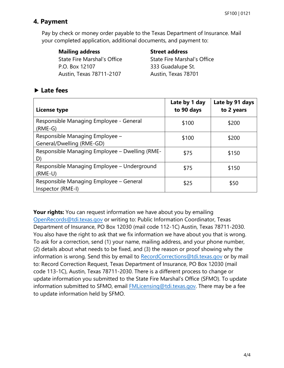 Form SF100 Individual License Renewal Application for All Types of Fire Sprinkler Licenses - Texas, Page 4