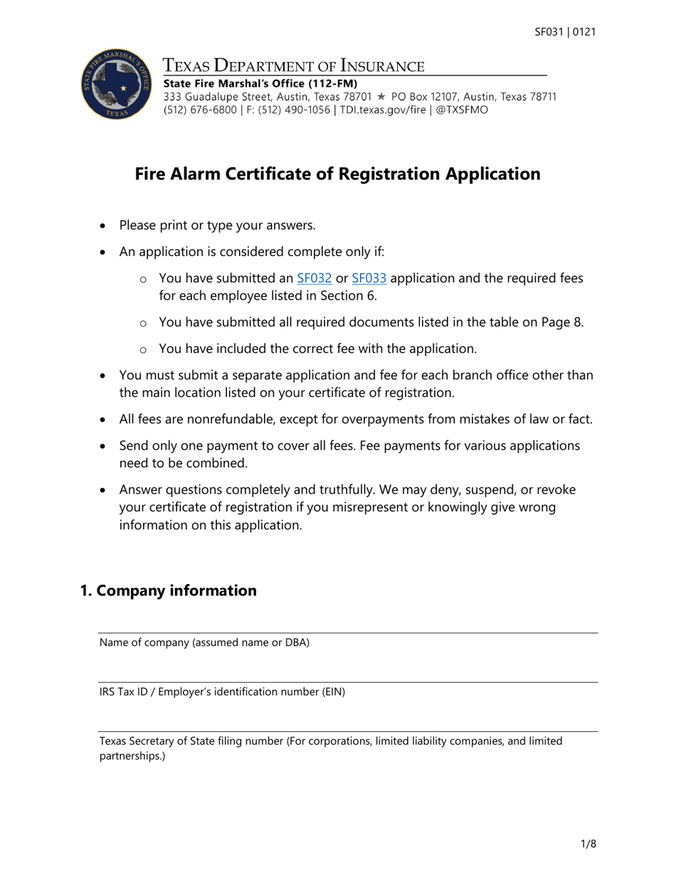 Form SF031 Fire Alarm Certificate of Registration Application - Texas, Page 1