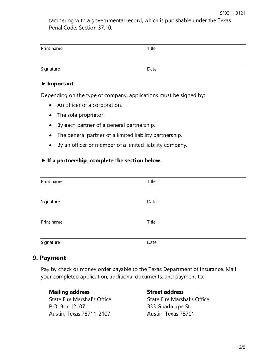 Form SF031 Fire Alarm Certificate of Registration Application - Texas, Page 6