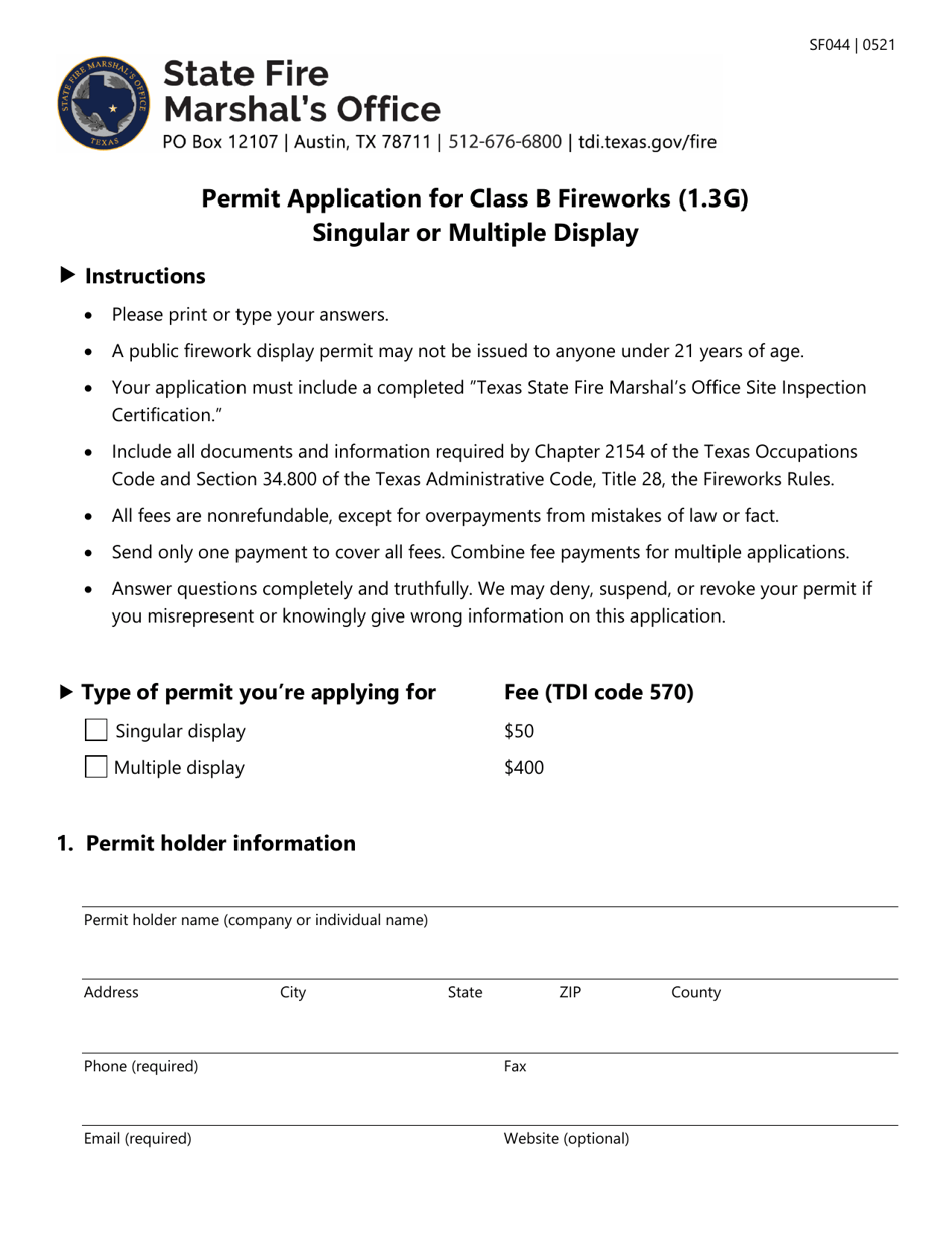 Form SF044 Permit Application for Class B Fireworks (1.3g) Singular or Multiple Display - Texas, Page 1