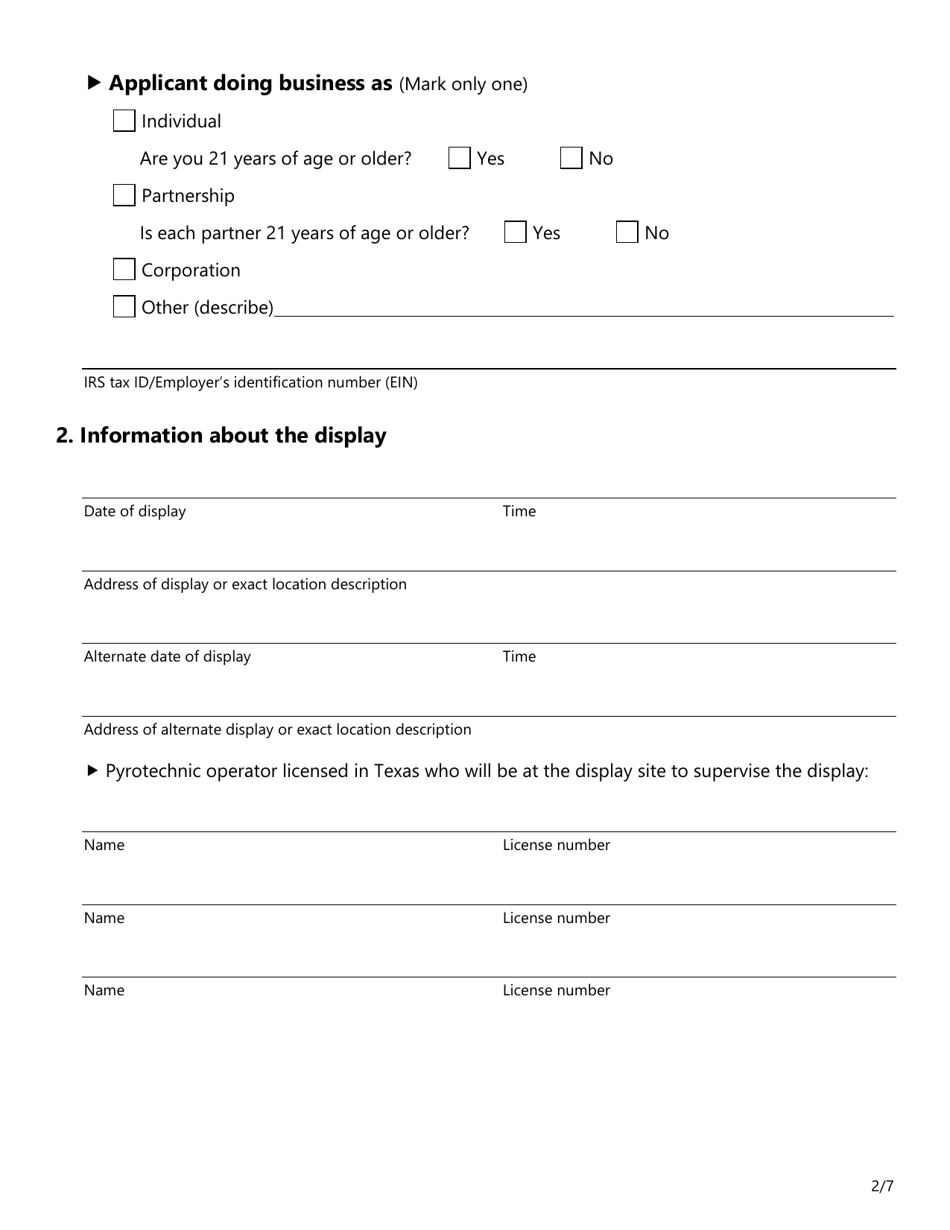 Form SF044 Permit Application for Class B Fireworks (1.3g) Singular or Multiple Display - Texas, Page 2