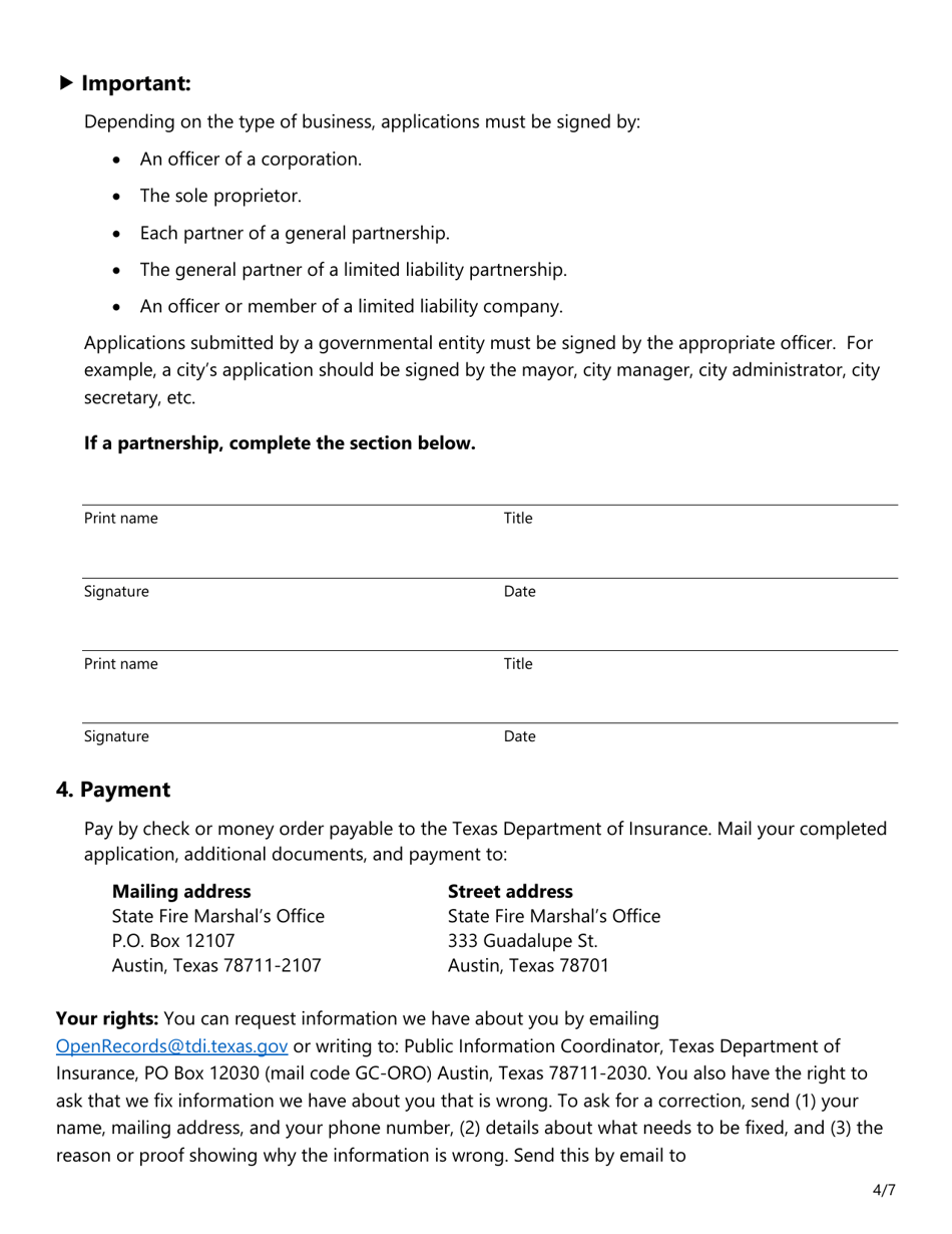 Form SF044 Permit Application for Class B Fireworks (1.3g) Singular or Multiple Display - Texas, Page 4