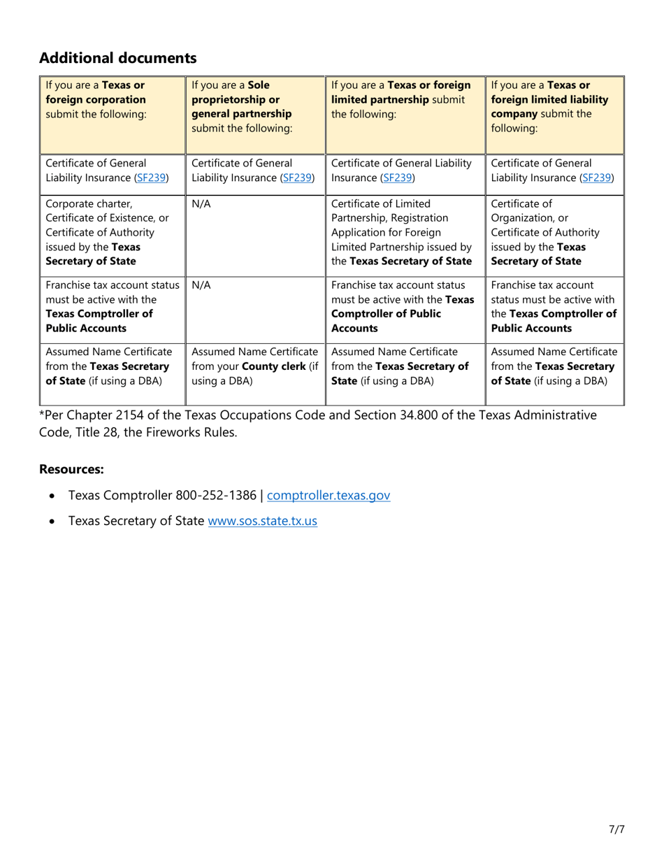 Form SF044 Permit Application for Class B Fireworks (1.3g) Singular or Multiple Display - Texas, Page 7
