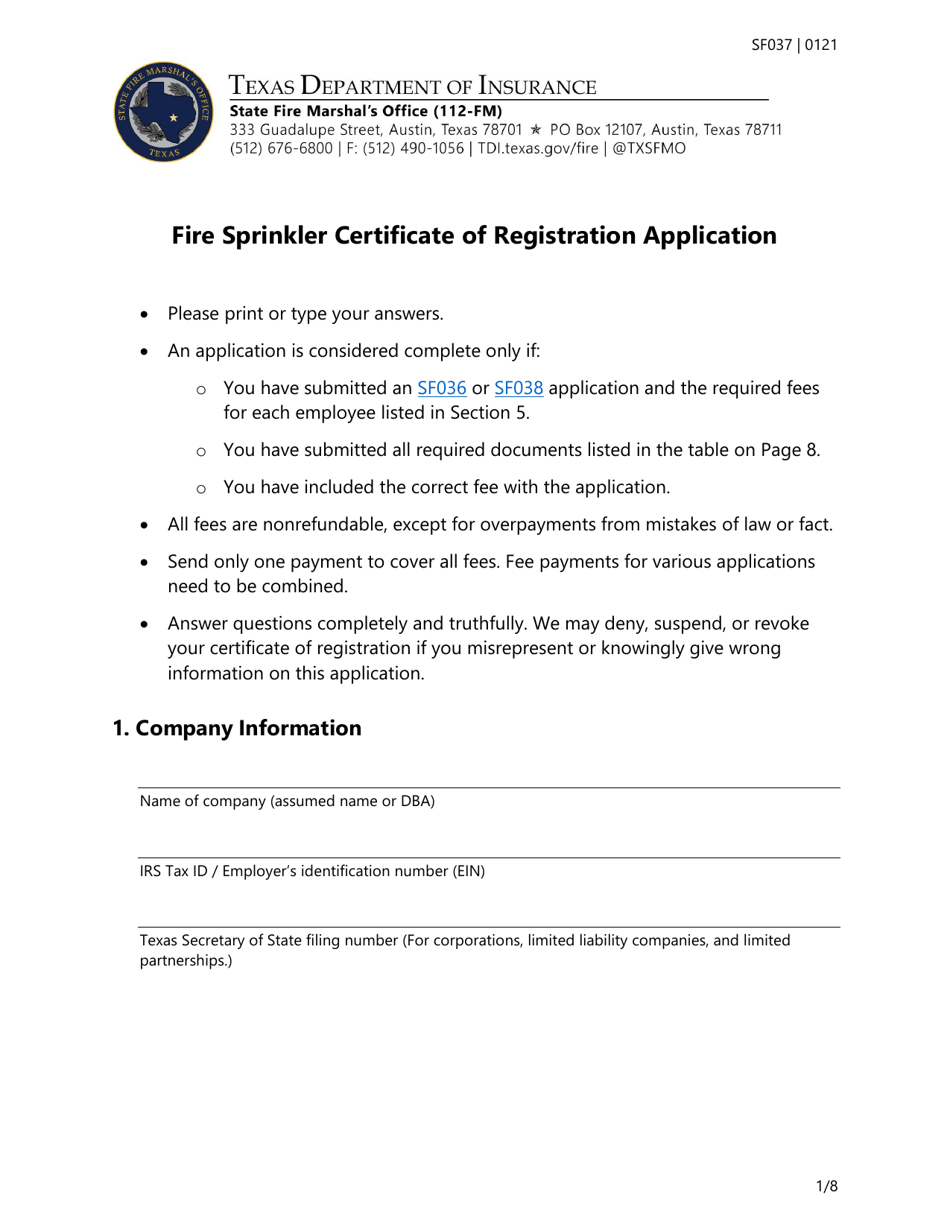 Form SF037 Fire Sprinkler Certificate of Registration Application - Texas, Page 1