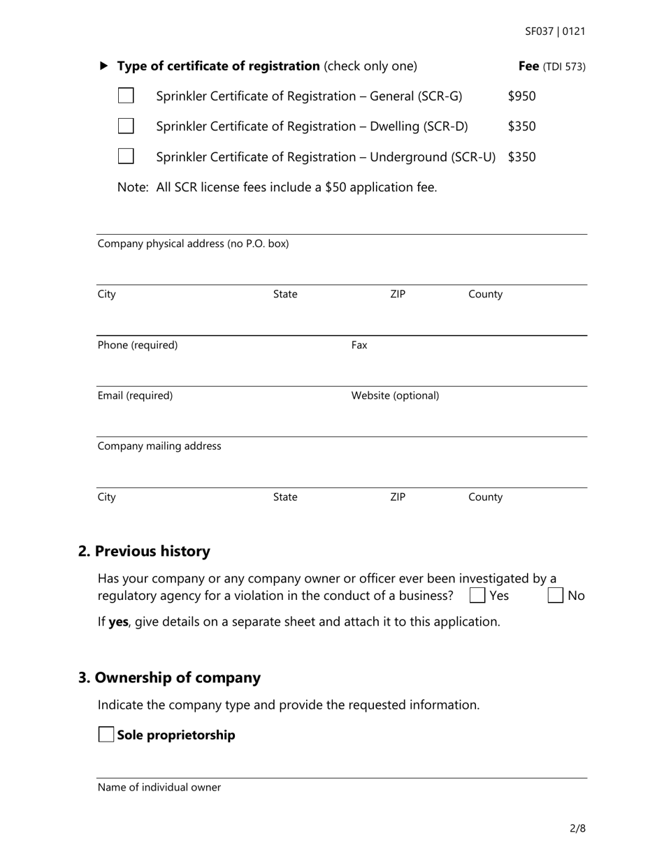 Form SF037 Fire Sprinkler Certificate of Registration Application - Texas, Page 2