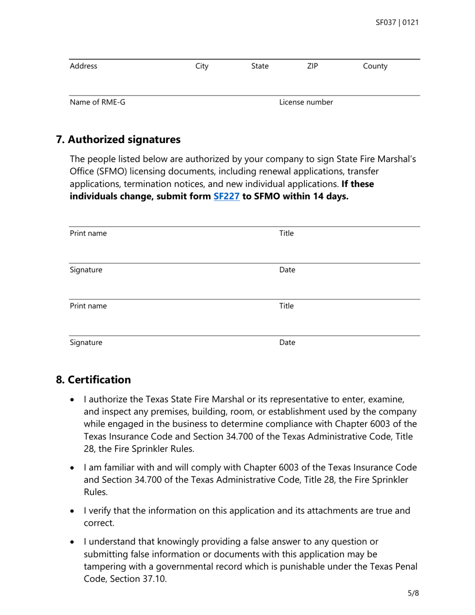Form SF037 Fire Sprinkler Certificate of Registration Application - Texas, Page 5