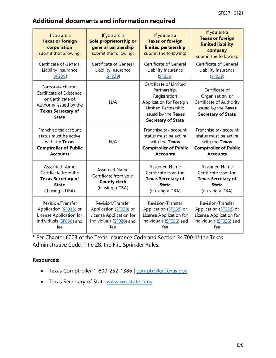Form SF037 Fire Sprinkler Certificate of Registration Application - Texas, Page 8