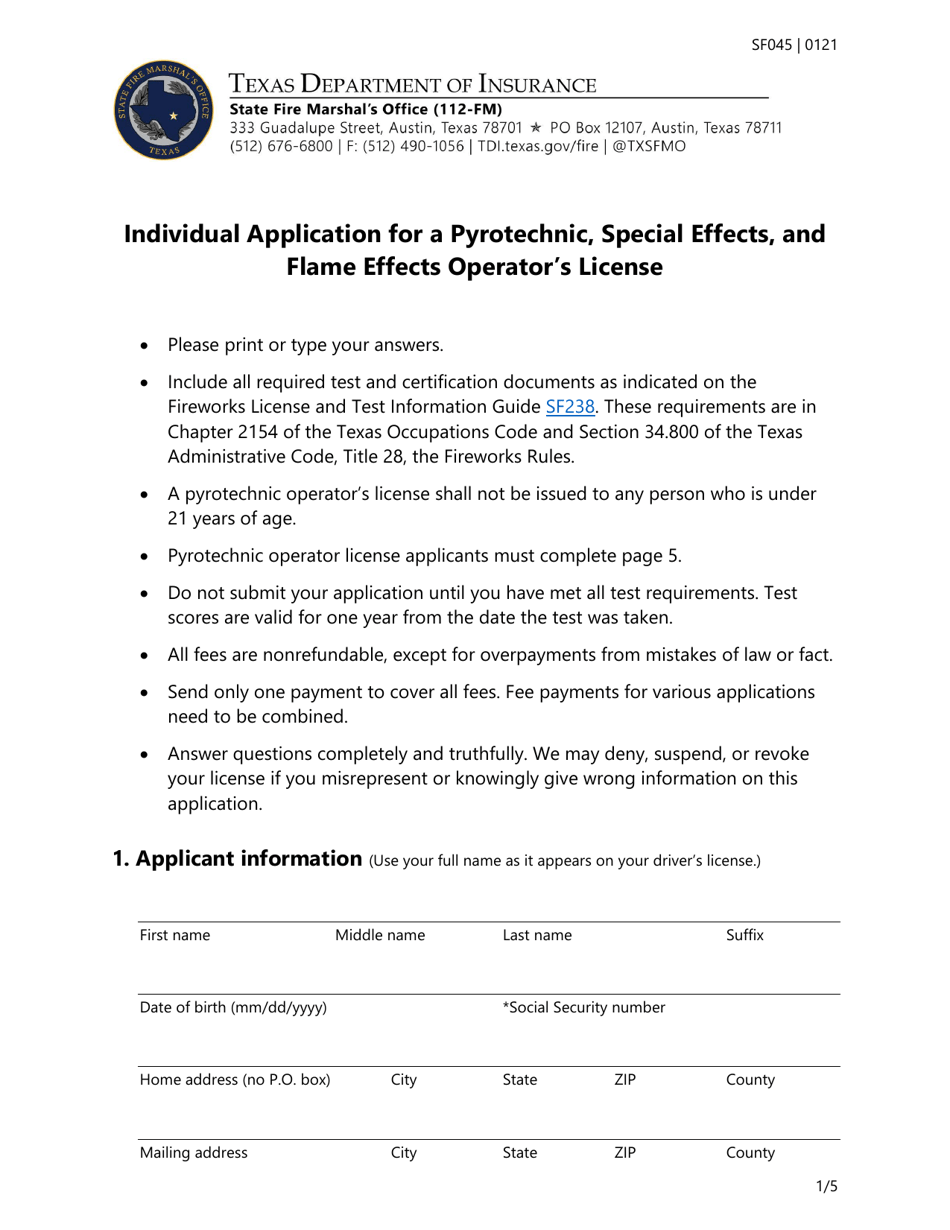 Form SF045 Individual Application for a Pyrotechnic, Special Effects, and Flame Effects Operators License - Texas, Page 1