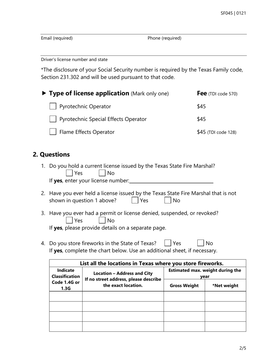 Form SF045 Individual Application for a Pyrotechnic, Special Effects, and Flame Effects Operators License - Texas, Page 2