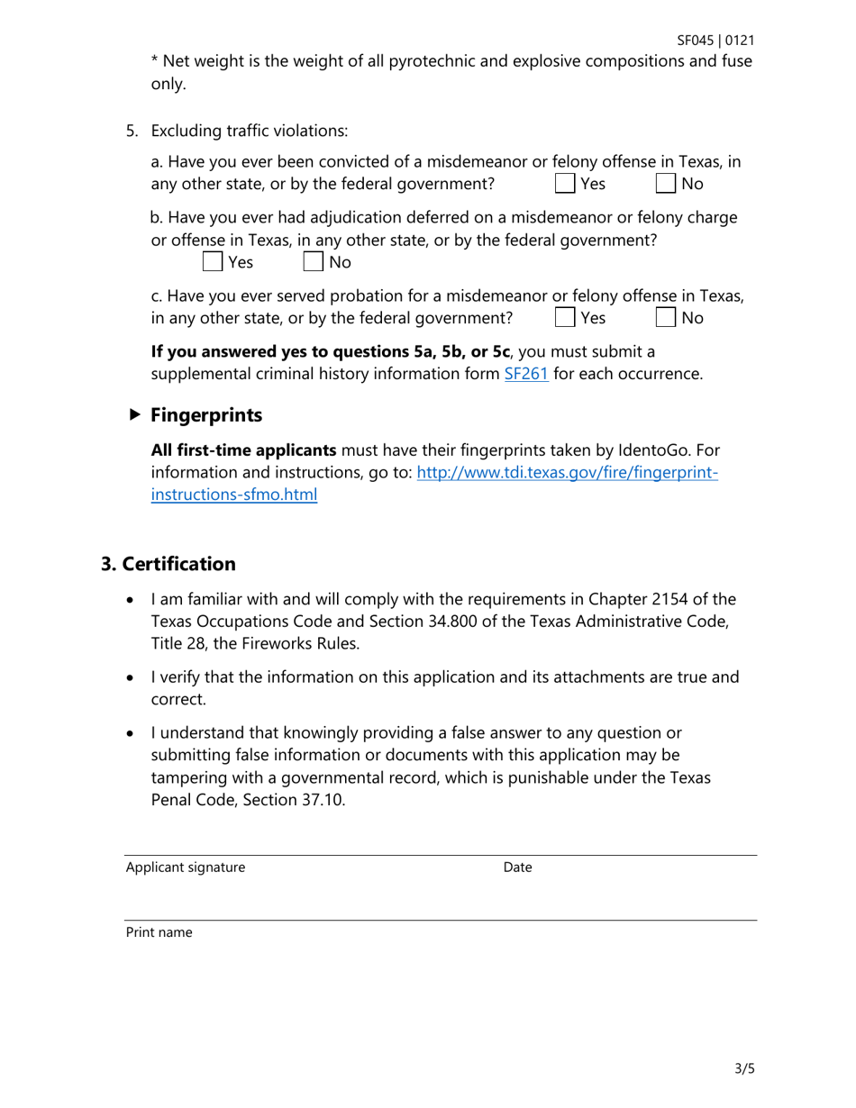 Form SF045 Individual Application for a Pyrotechnic, Special Effects, and Flame Effects Operators License - Texas, Page 3