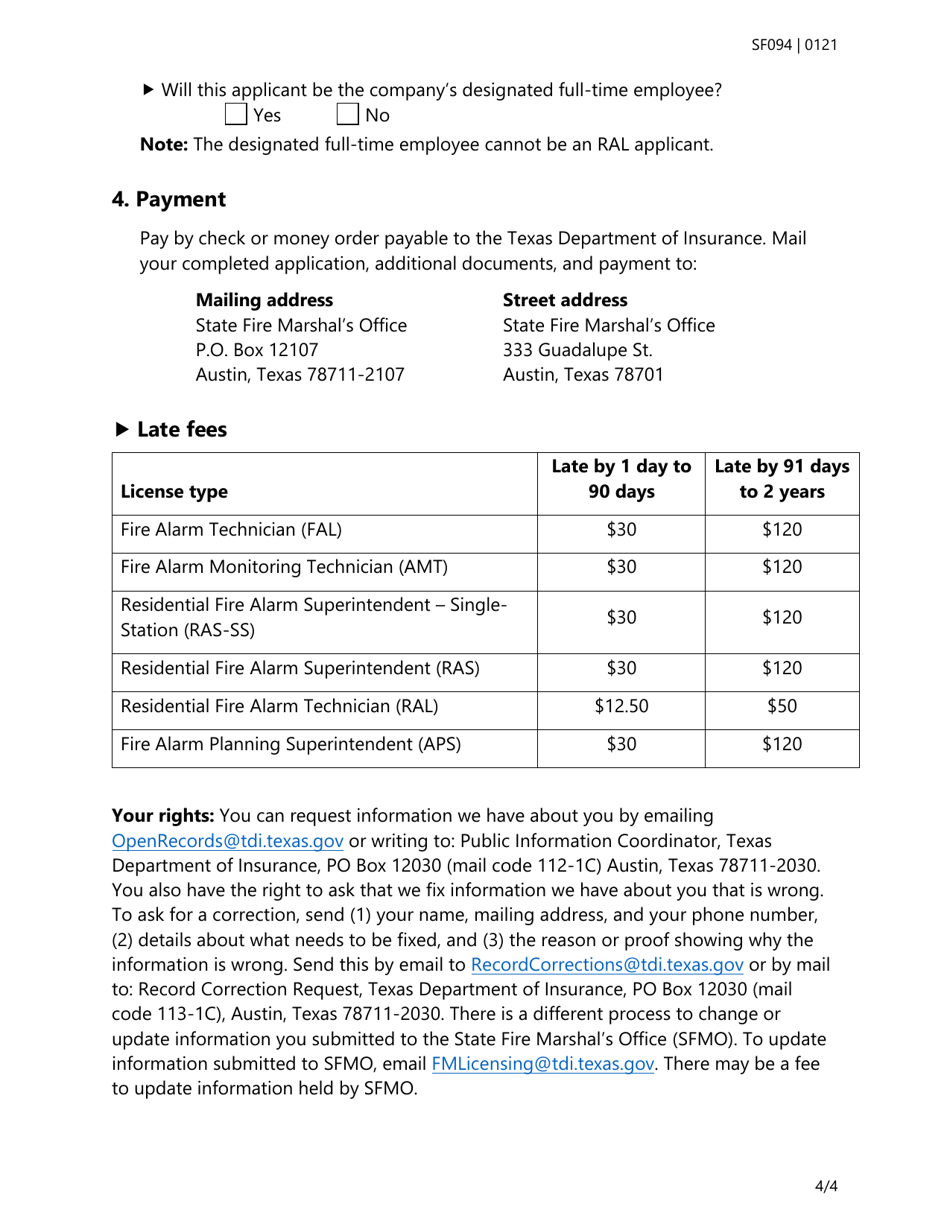 Form SF094 Individual License Renewal Application for All Types of Fire Alarm Licenses - Texas, Page 4