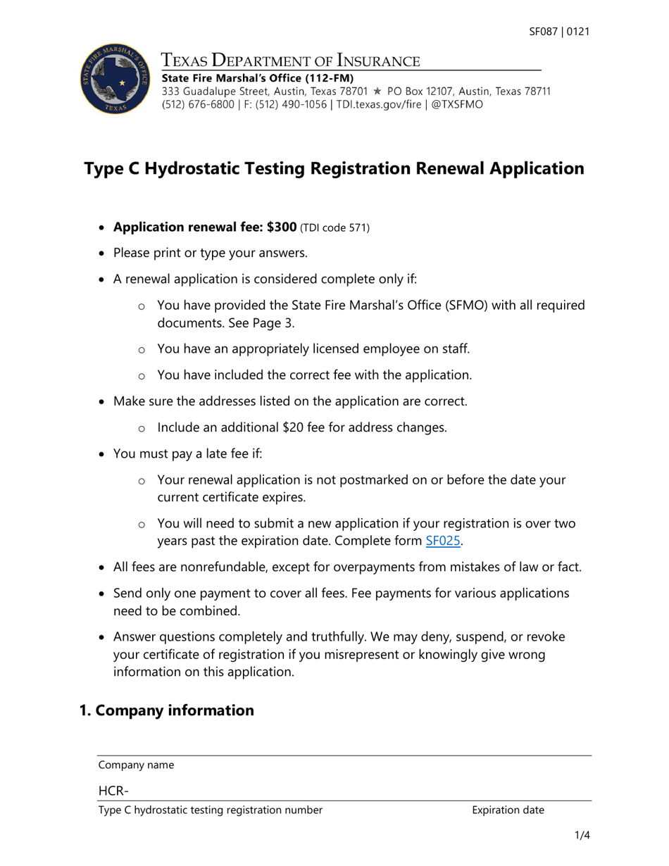 Form SF087 Type C Hydrostatic Testing Registration Renewal Application - Texas, Page 1
