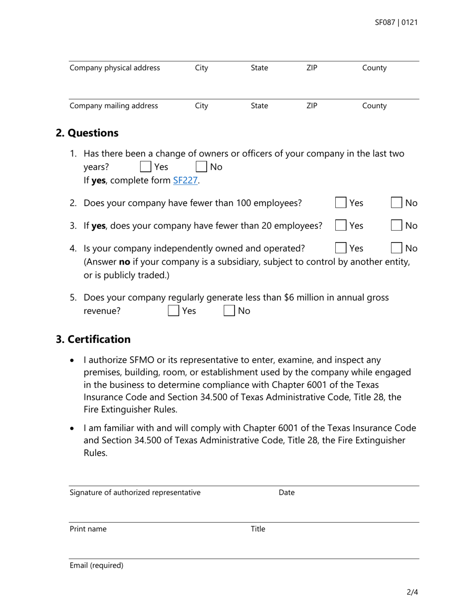 Form SF087 Type C Hydrostatic Testing Registration Renewal Application - Texas, Page 2