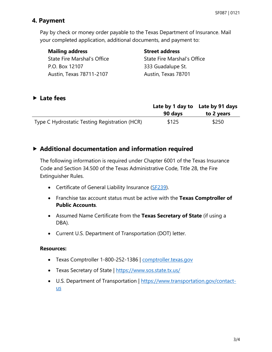 Form SF087 Type C Hydrostatic Testing Registration Renewal Application - Texas, Page 3