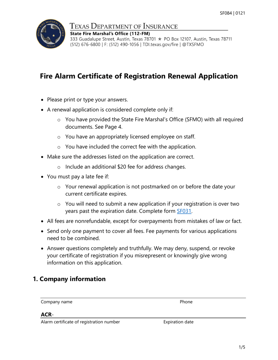 Form SF084 Fire Alarm Certificate of Registration Renewal Application - Texas, Page 1