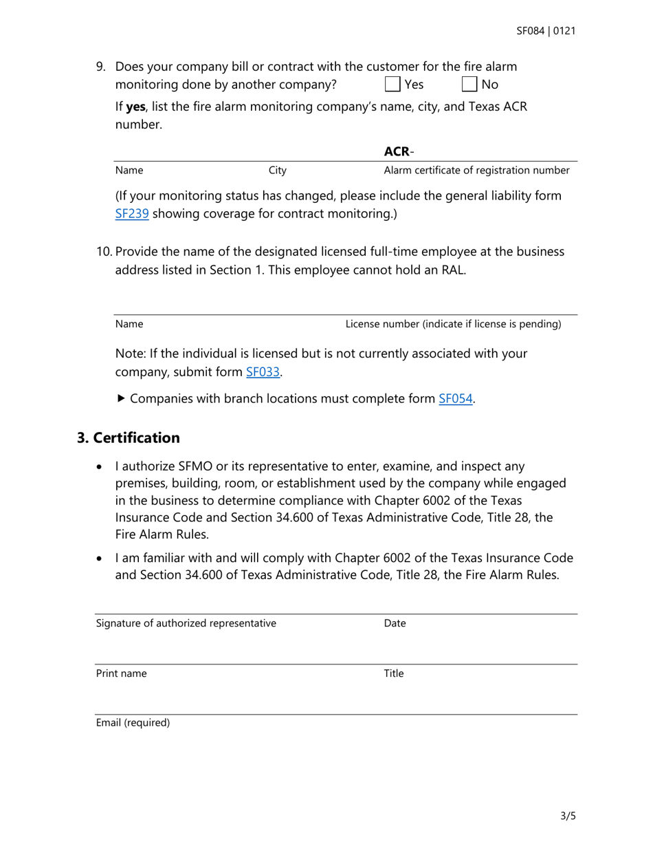 Form SF084 Fire Alarm Certificate of Registration Renewal Application - Texas, Page 3