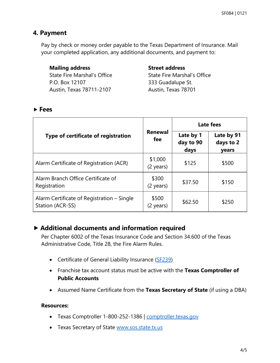 Form SF084 Fire Alarm Certificate of Registration Renewal Application - Texas, Page 4