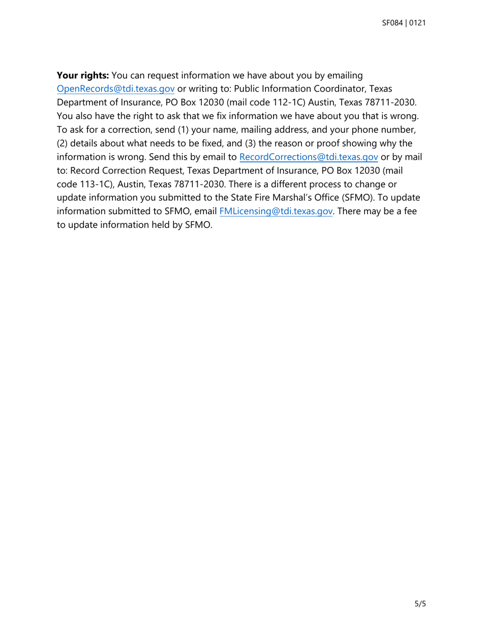 Form SF084 Fire Alarm Certificate of Registration Renewal Application - Texas, Page 5