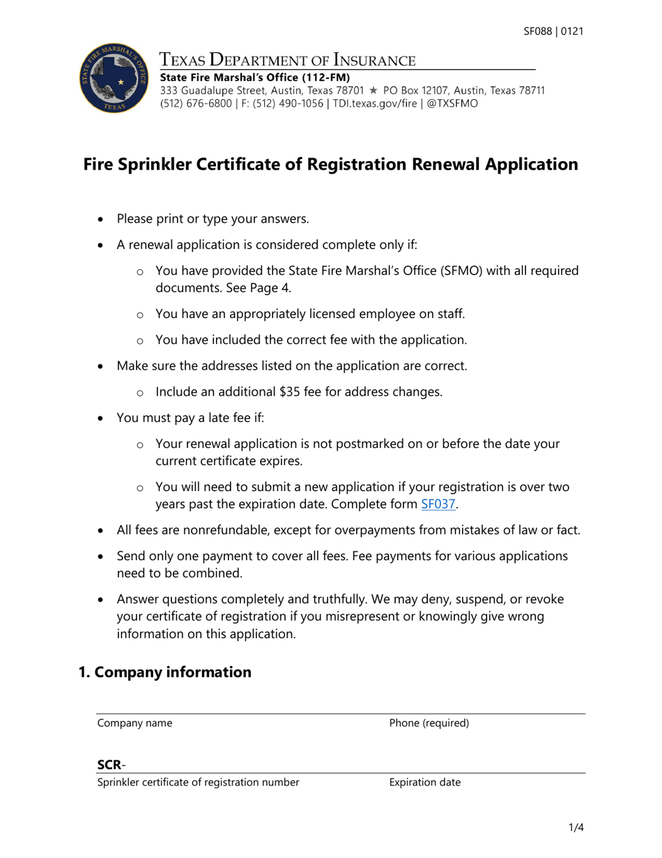 Form SF088 Fire Sprinkler Certificate of Registration Renewal Application - Texas, Page 1