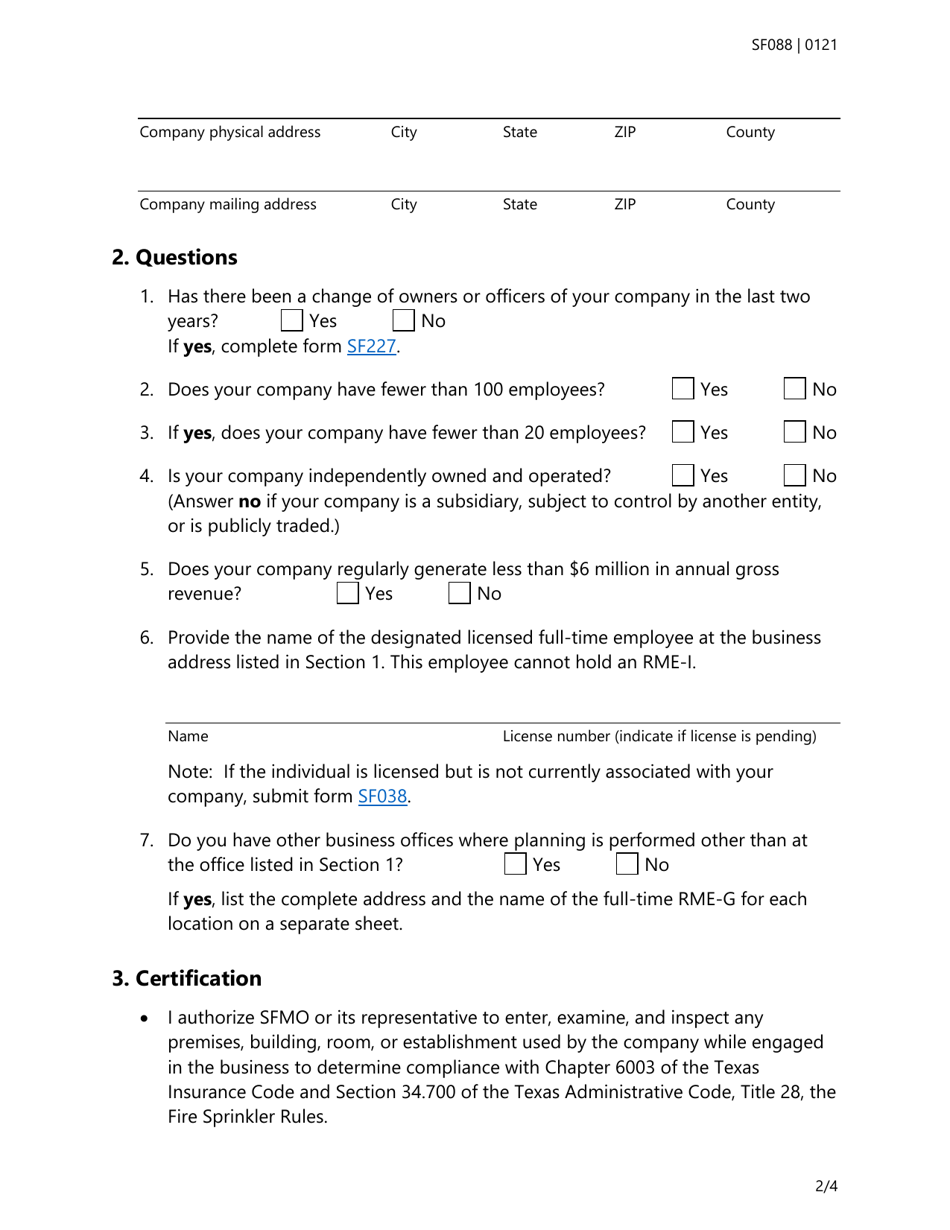 Form SF088 Fire Sprinkler Certificate of Registration Renewal Application - Texas, Page 2