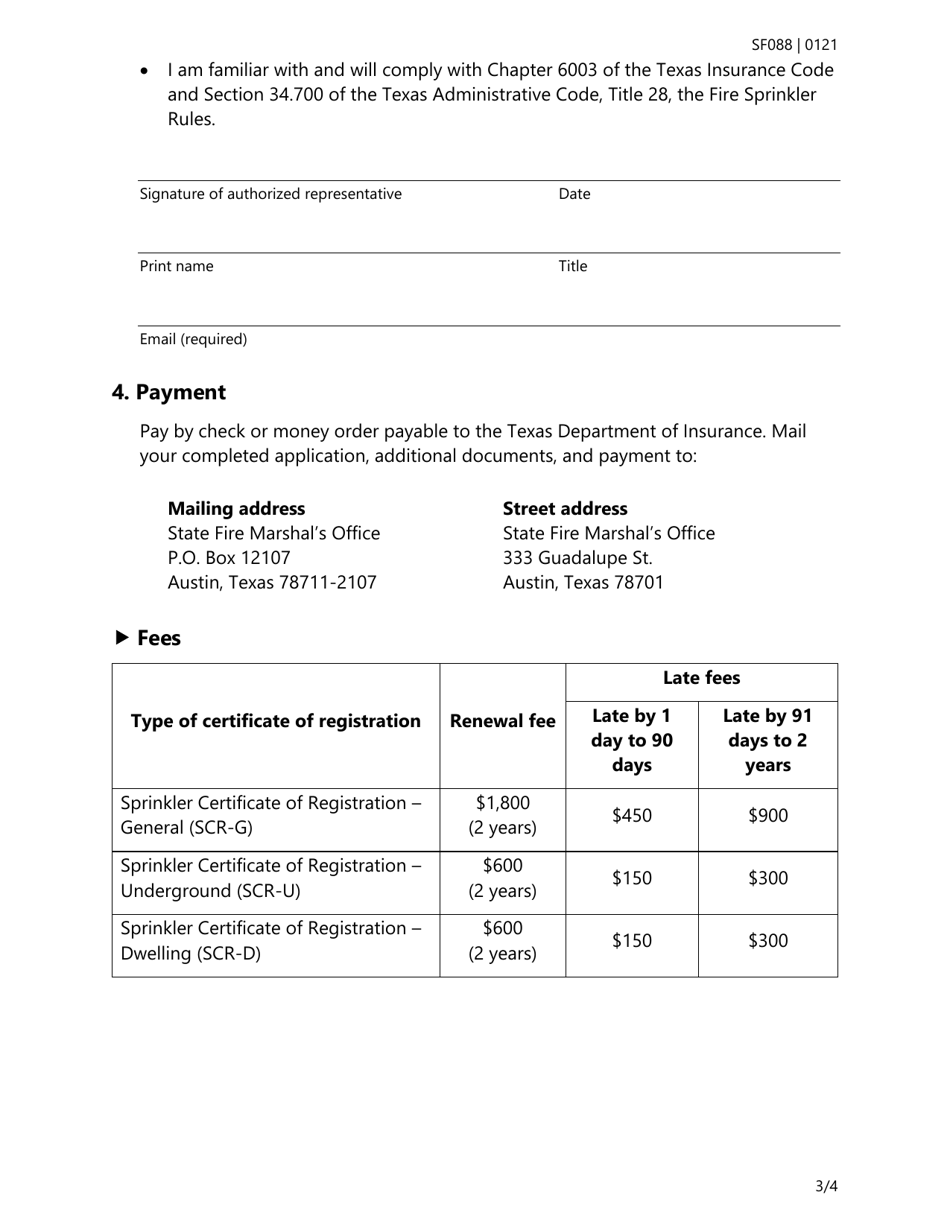 Form SF088 Fire Sprinkler Certificate of Registration Renewal Application - Texas, Page 3
