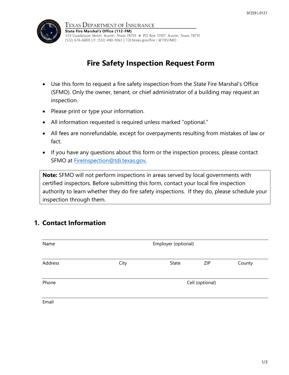 Form SF259 Fire Safety Inspection Request Form - Texas, Page 1