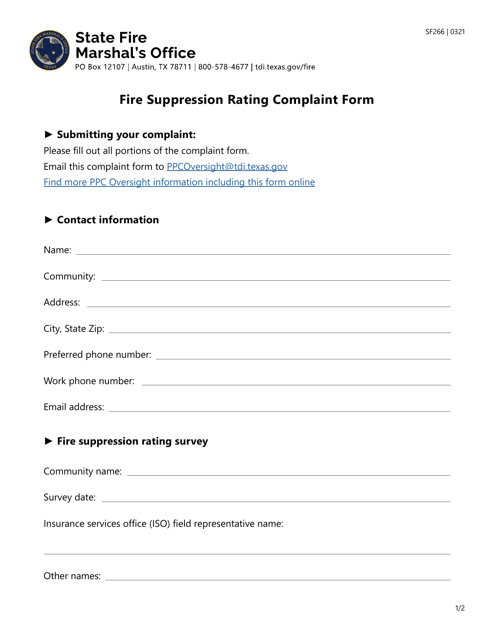Form SF266 Fire Suppression Rating Complaint Form - Texas