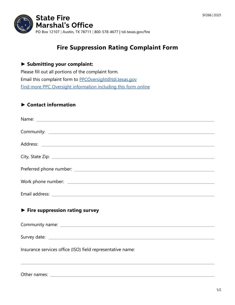 Form SF266 Fire Suppression Rating Complaint Form - Texas, Page 1