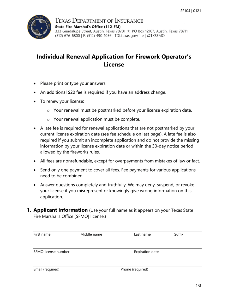 Form SF104 Individual Renewal Application for Firework Operators License - Texas, Page 1