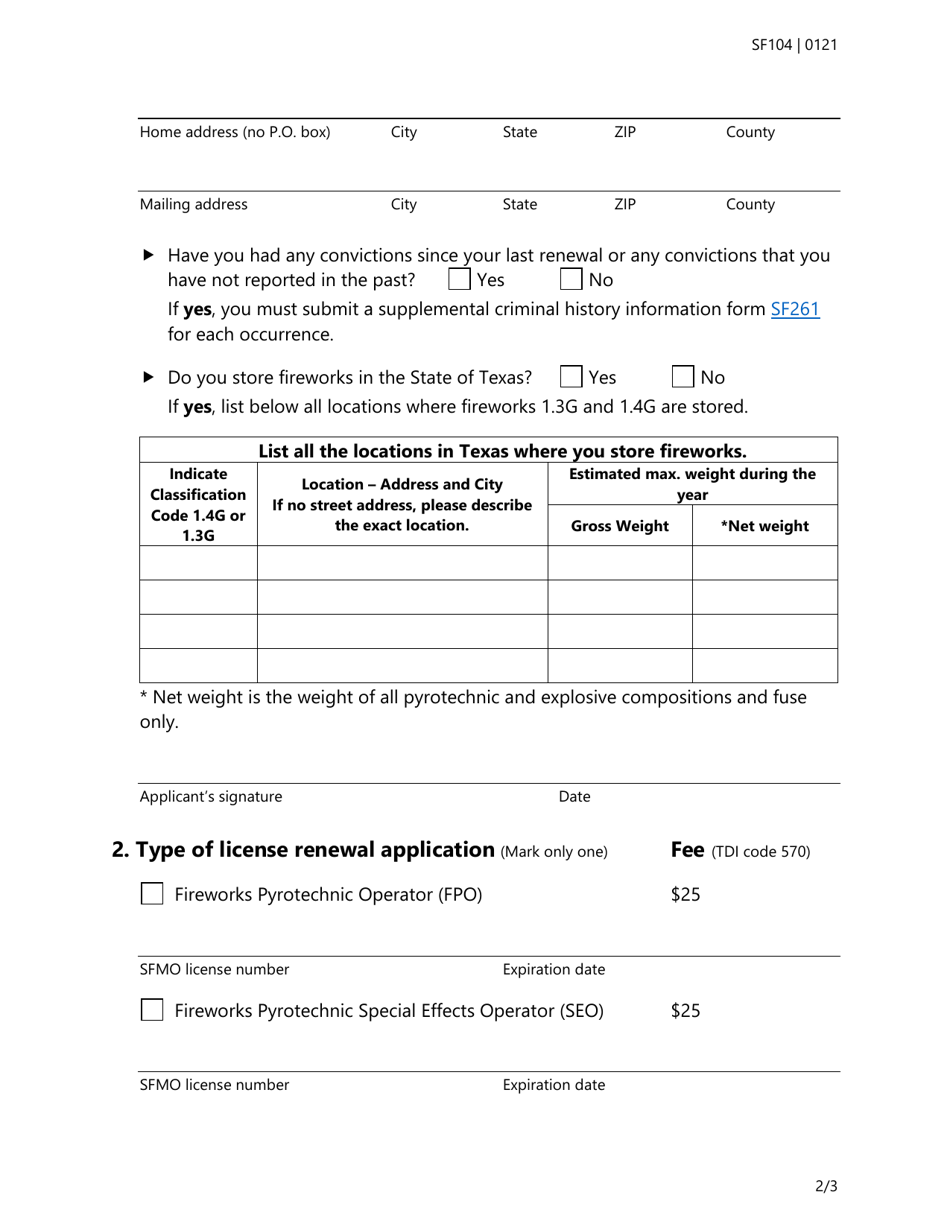 Form SF104 Individual Renewal Application for Firework Operators License - Texas, Page 2