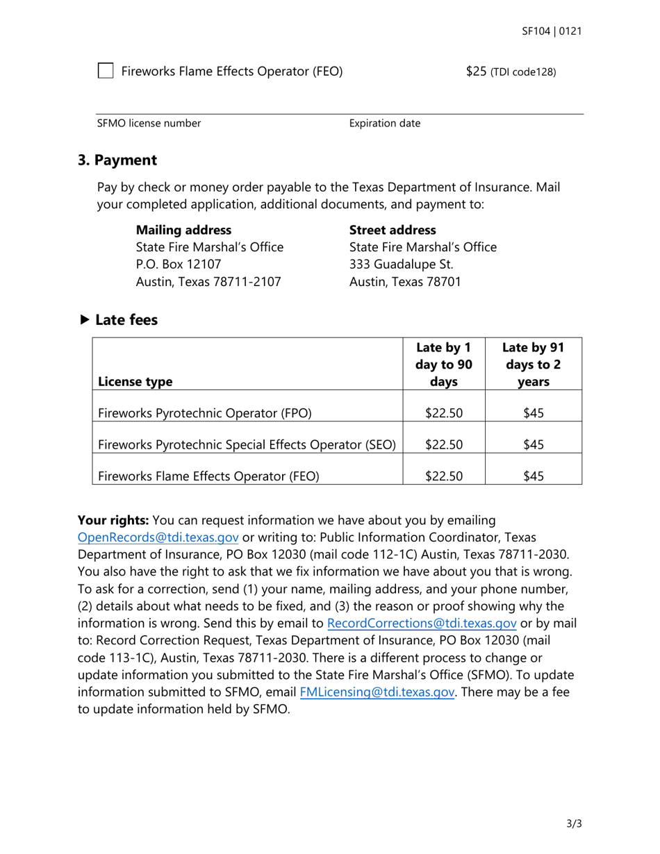 Form SF104 Individual Renewal Application for Firework Operators License - Texas, Page 3