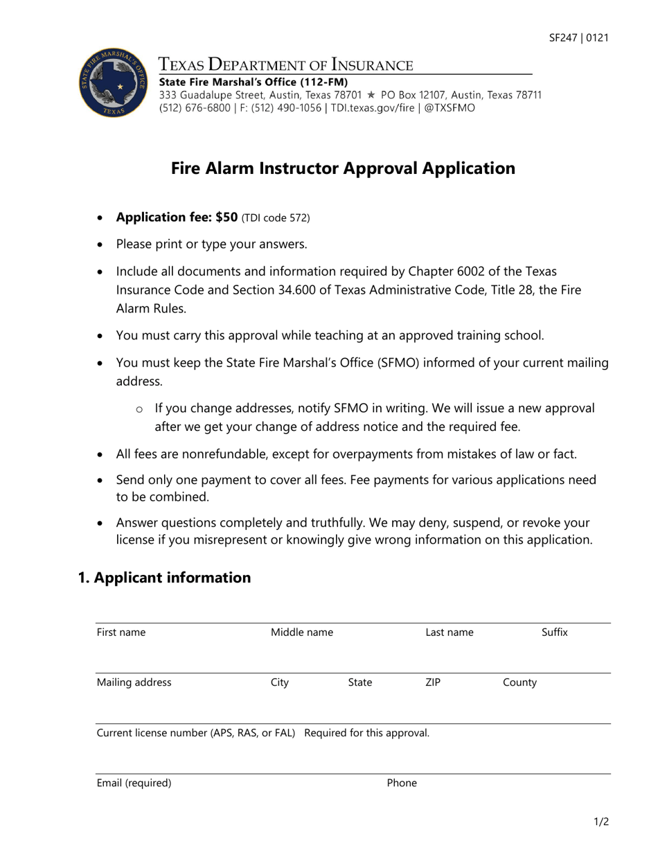 Form SF247 Fire Alarm Instructor Approval Application - Texas, Page 1