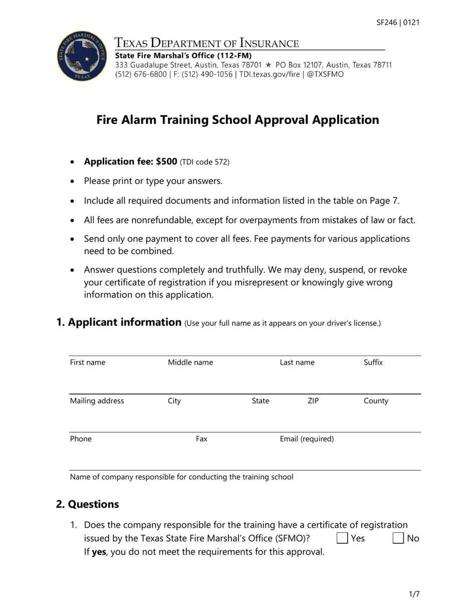 Form SF246 Fire Alarm Training School Approval Application - Texas, Page 1