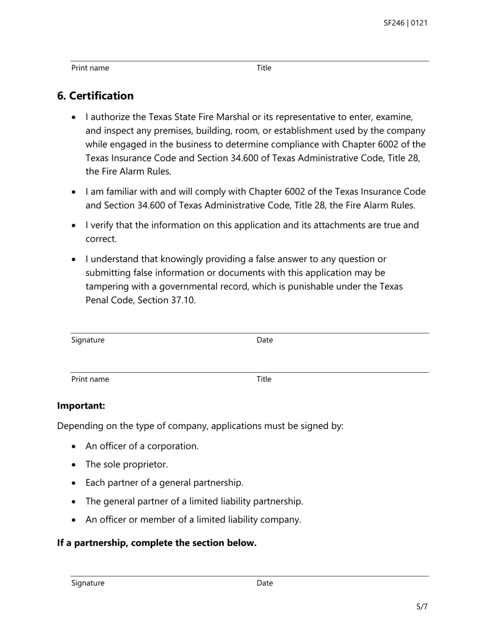 Form SF246 Fire Alarm Training School Approval Application - Texas, Page 5
