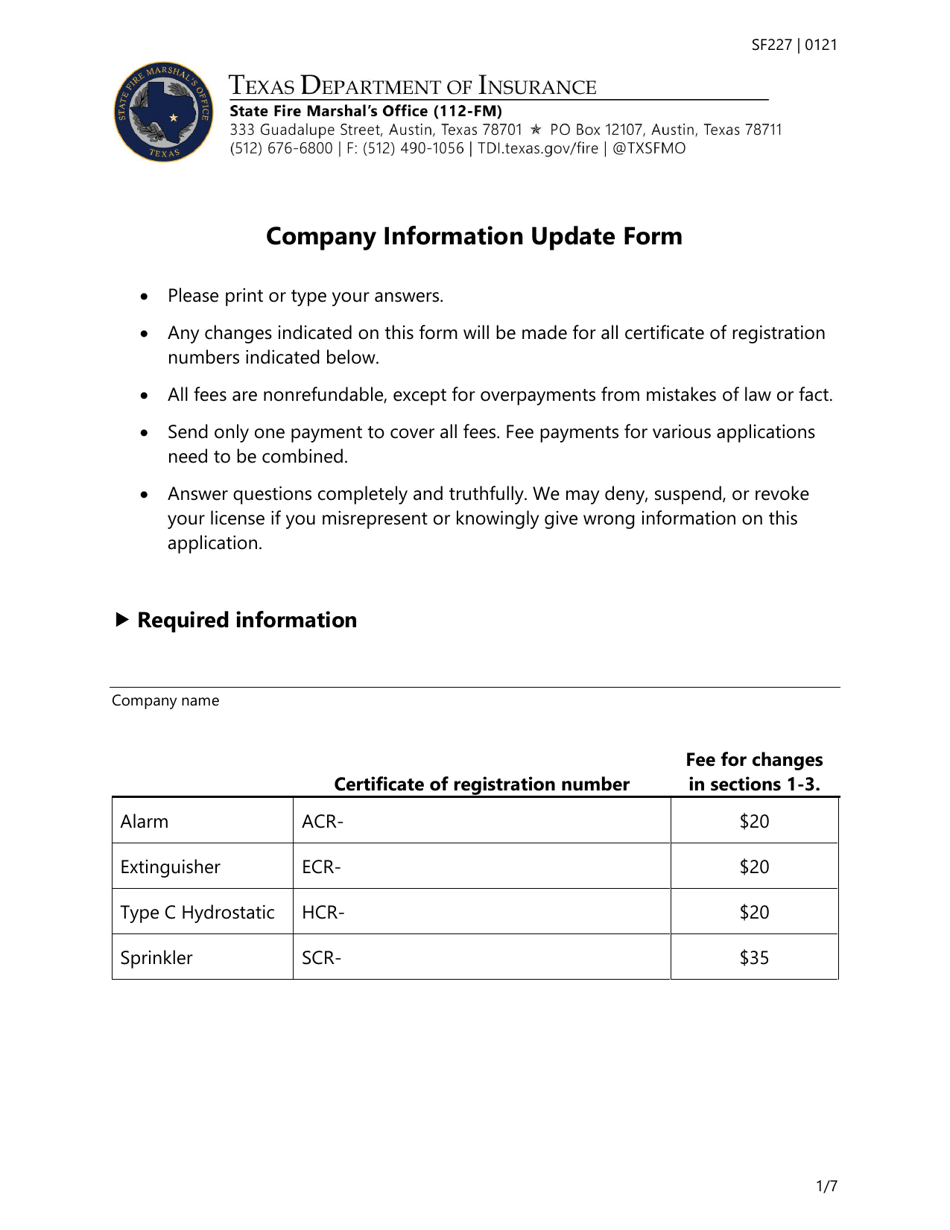 Form SF227 Company Information Update Form - Texas, Page 1