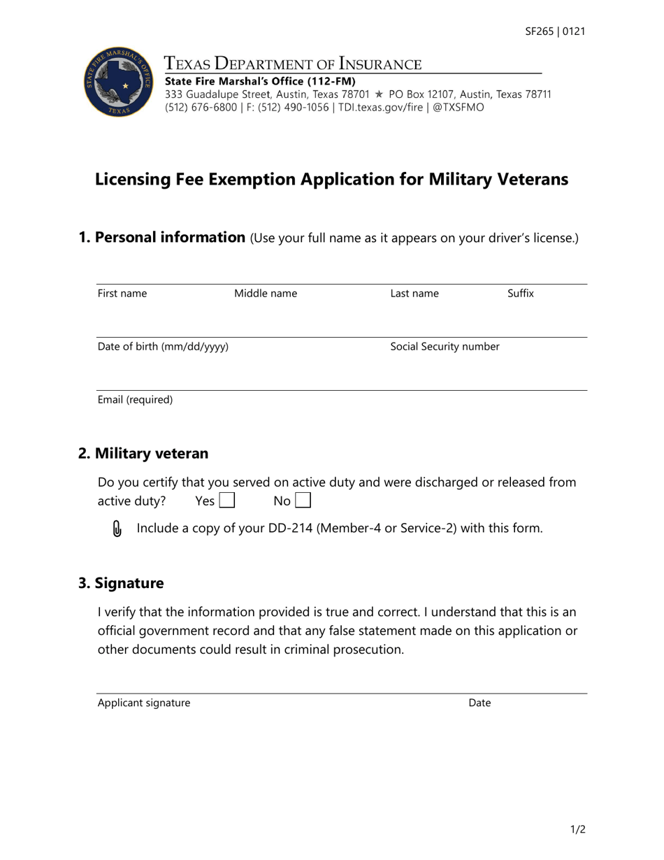 Form SF265 Licensing Fee Exemption Application for Military Veterans - Texas, Page 1