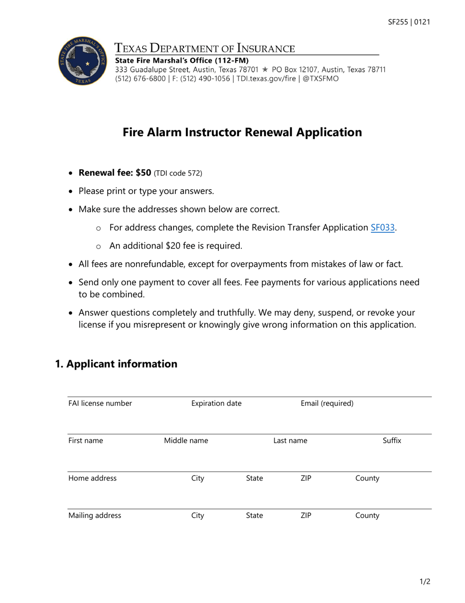 Form SF255 Fire Alarm Instructor Renewal Application - Texas, Page 1