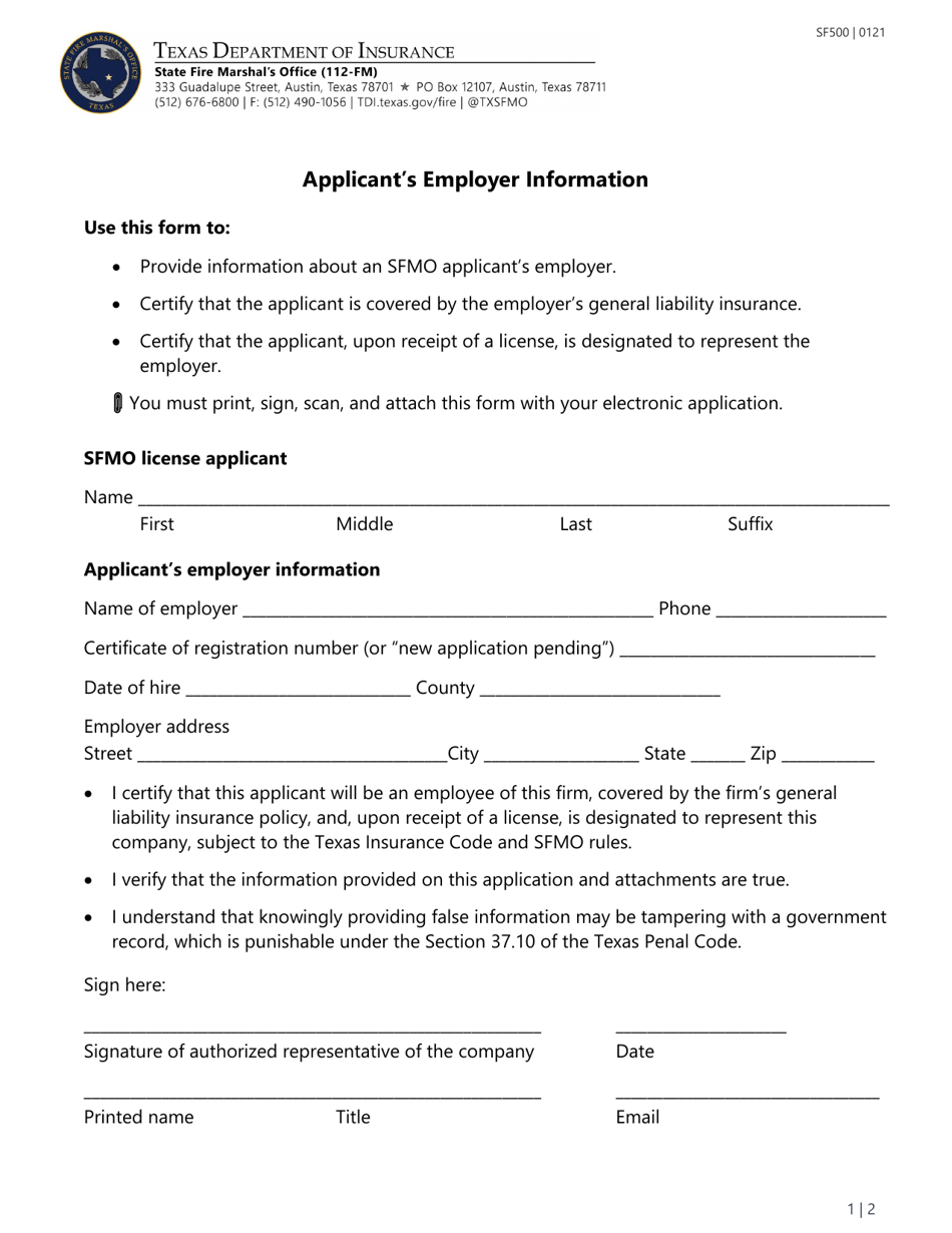Form SF500 Applicants Employer Information - Texas, Page 1