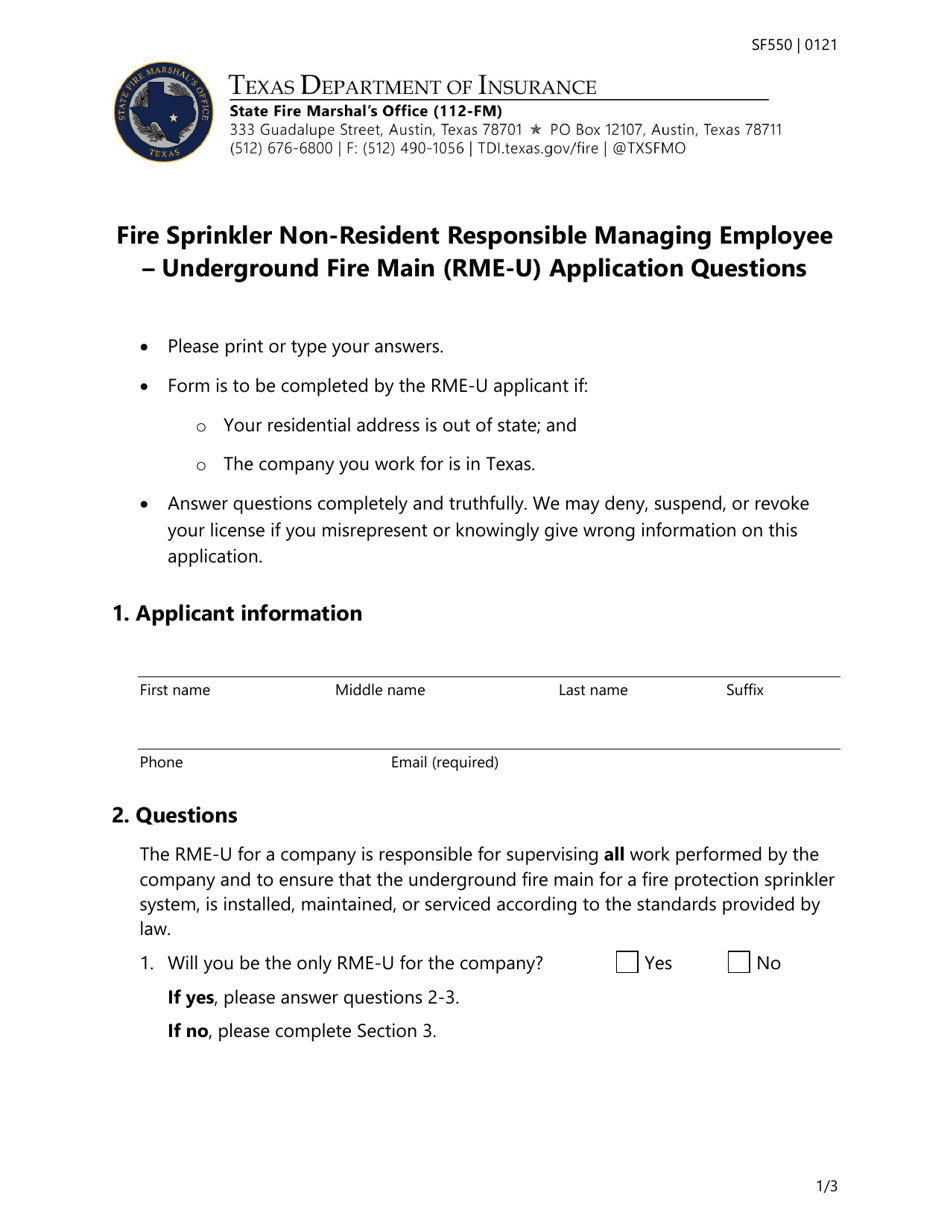 Form SF550 Fire Sprinkler Non-resident Responsible Managing Employee - Underground Fire Main (Rme-U) Application Questions - Texas, Page 1