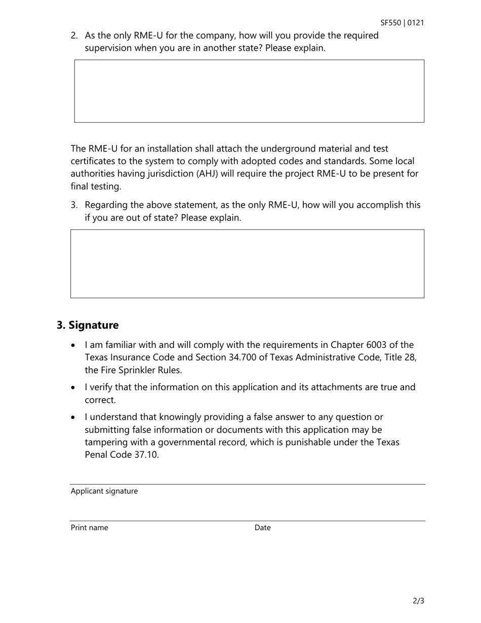 Form SF550 Fire Sprinkler Non-resident Responsible Managing Employee - Underground Fire Main (Rme-U) Application Questions - Texas, Page 2