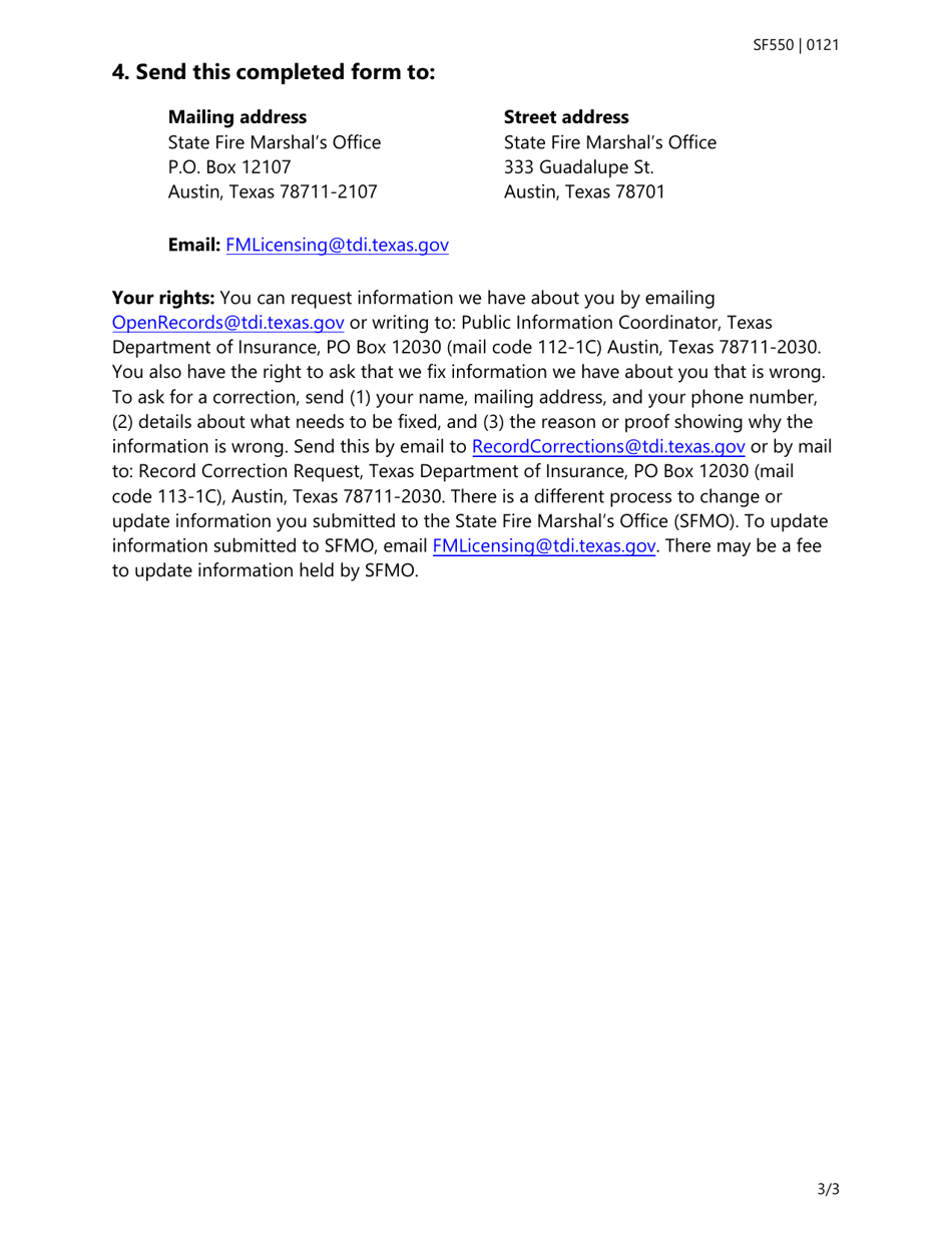 Form SF550 Fire Sprinkler Non-resident Responsible Managing Employee - Underground Fire Main (Rme-U) Application Questions - Texas, Page 3