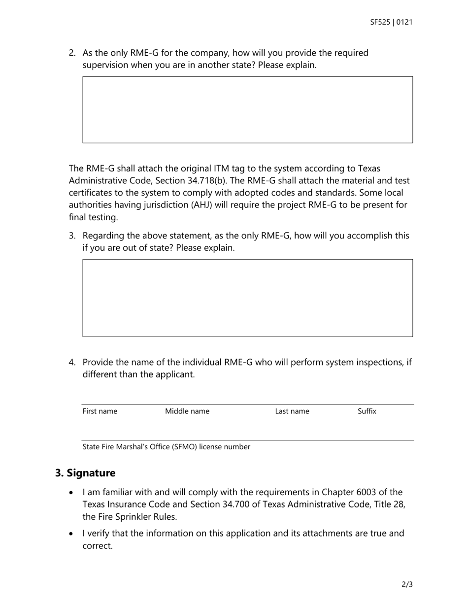 Form SF525 Fire Sprinkler Non-resident Responsible Managing Employee (Rme-G) Application Questions - Texas, Page 2