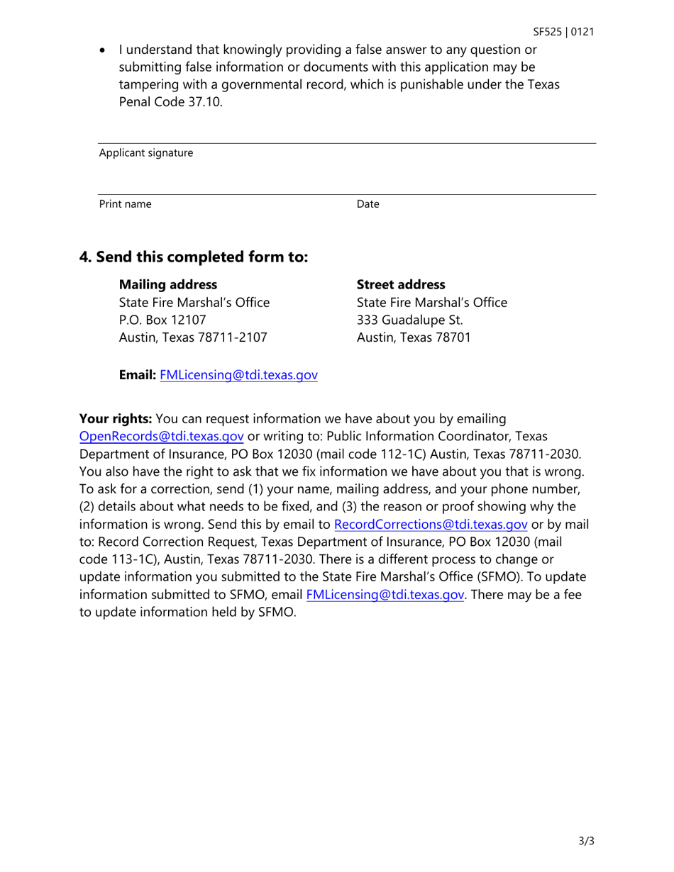 Form SF525 Fire Sprinkler Non-resident Responsible Managing Employee (Rme-G) Application Questions - Texas, Page 3