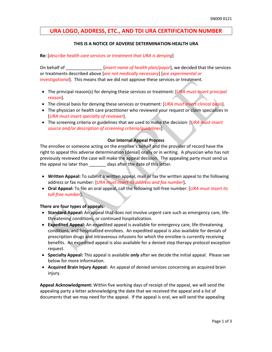 Form SN009 Ura Adverse Determination Notice, Health - Sample - Texas, Page 1