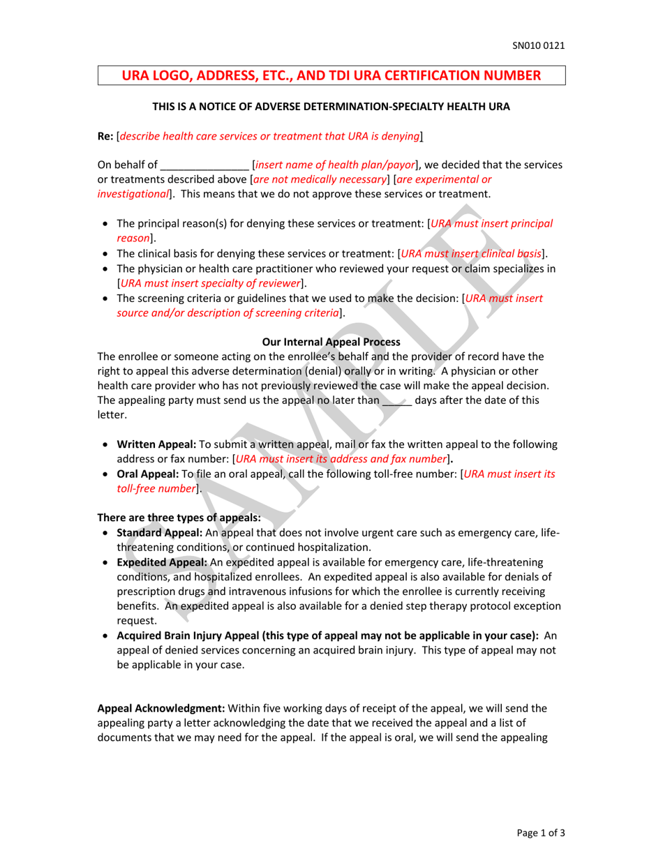 Form SN010 Ura Adverse Determination Notice, Specialty Health - Sample - Texas, Page 1