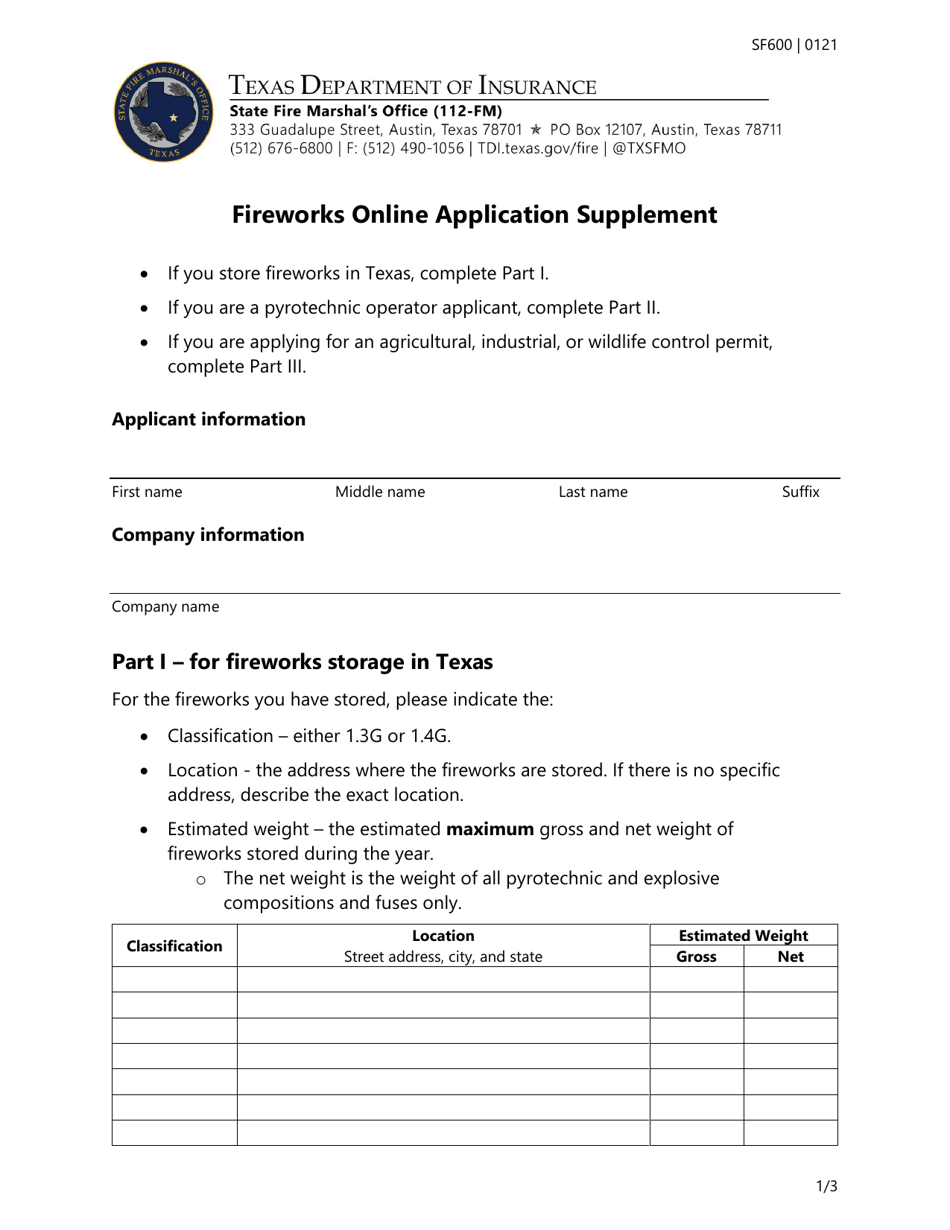 Form SF600 Fireworks Online Application Supplement - Texas, Page 1