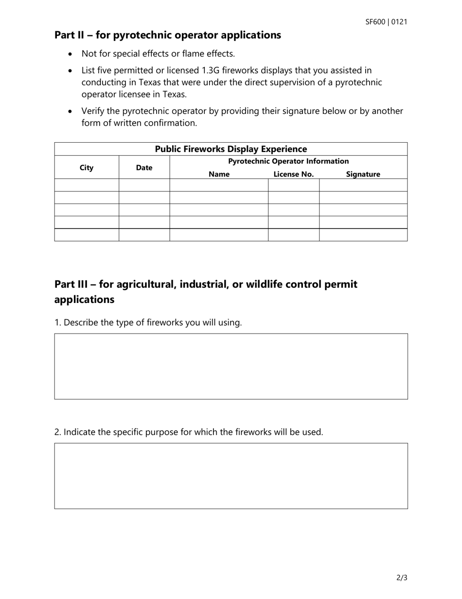Form SF600 Fireworks Online Application Supplement - Texas, Page 2