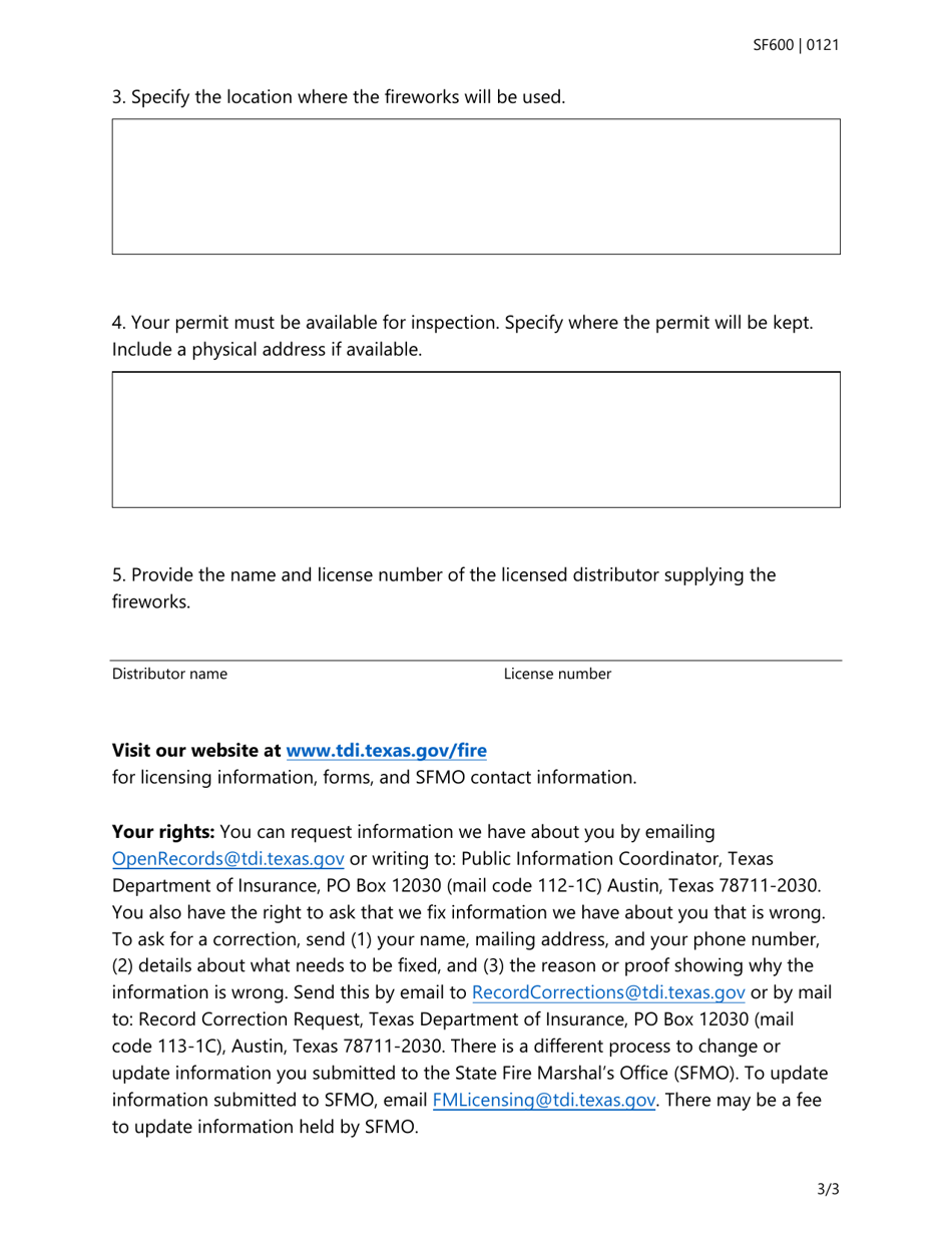 Form SF600 Fireworks Online Application Supplement - Texas, Page 3