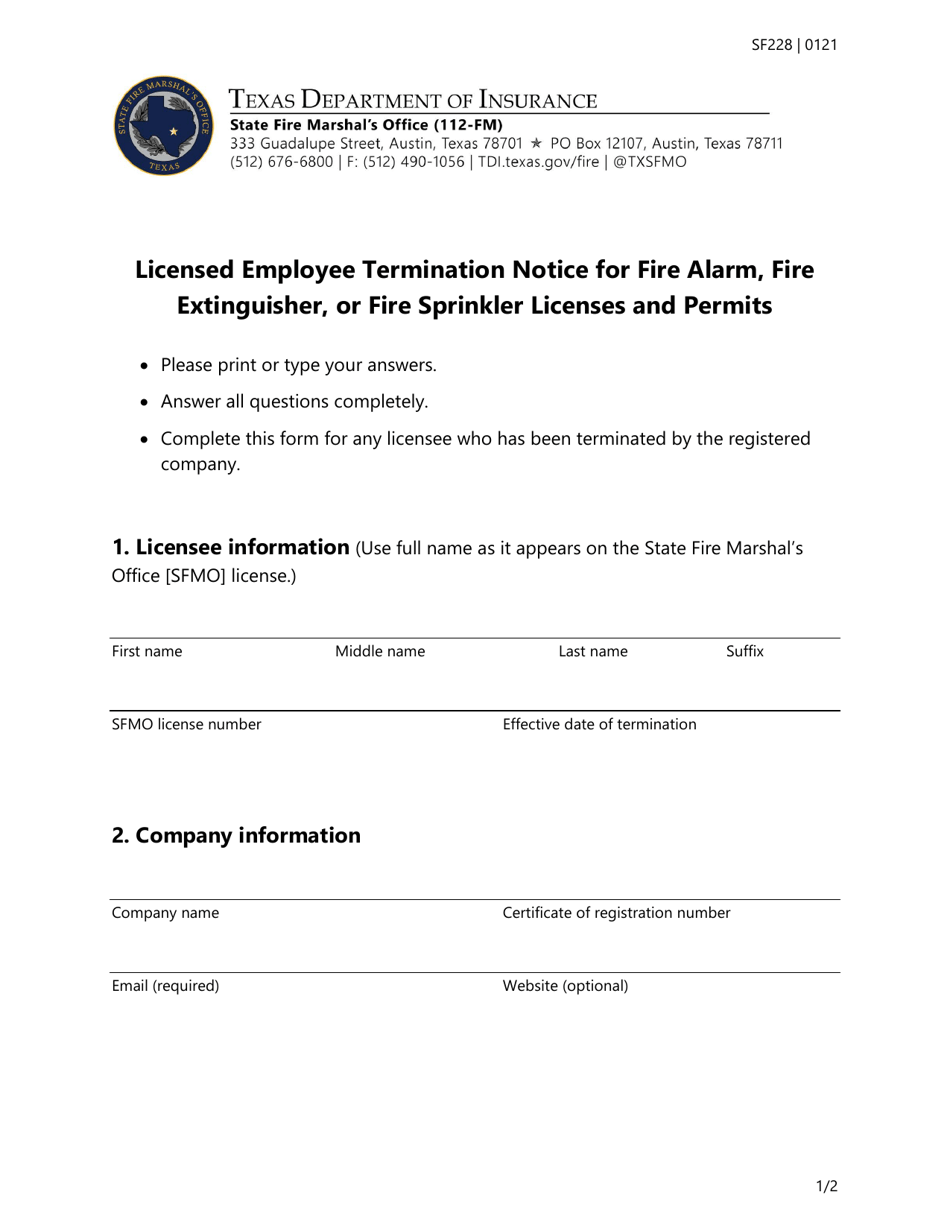 Form SF228 Licensed Employee Termination Notice for Fire Alarm, Fire Extinguisher, or Fire Sprinkler Licenses and Permits - Texas, Page 1